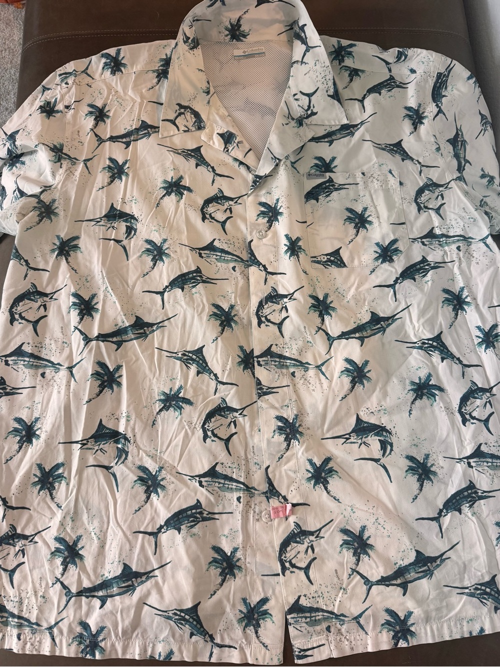 Columbia XXL White Button-Up Shirt with Teal Marlin & Palm Print